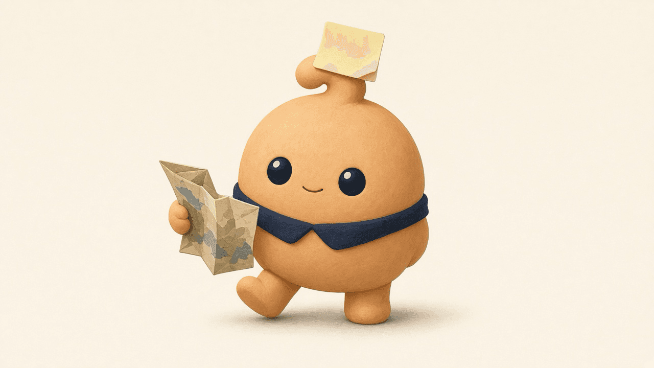 Stumblet, an apricot clay character with a navy collar, exploring with a folded map and a yellow note on its head.